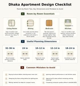 Dhaka apartment design checklist with room tips, cabinet dimensions and common interior mistakes to avoid