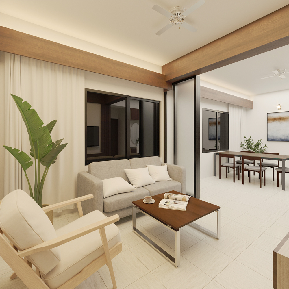 Agargaon Dhaka living area with neutral sofa, wood ceiling beam, sheer curtains, and open dining view