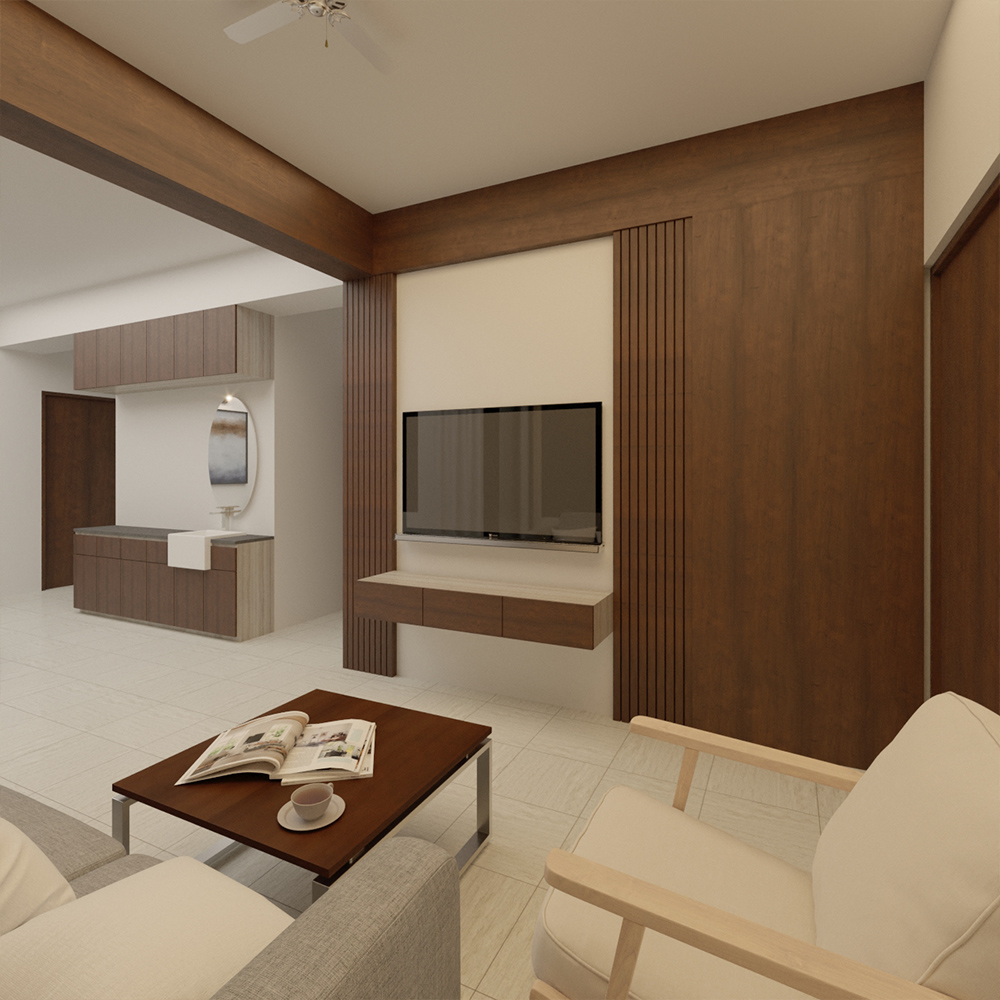 Wood wall panel TV unit with floating console and vertical slat detail in Agargaon residence living room