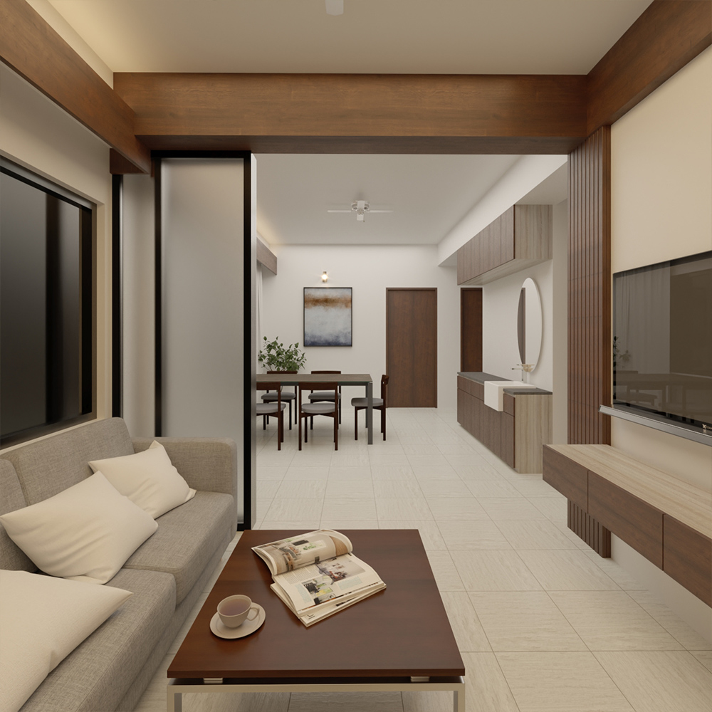 Open living and dining layout with floating TV cabinet, glass partition, and warm wood accents in Dhaka apartment