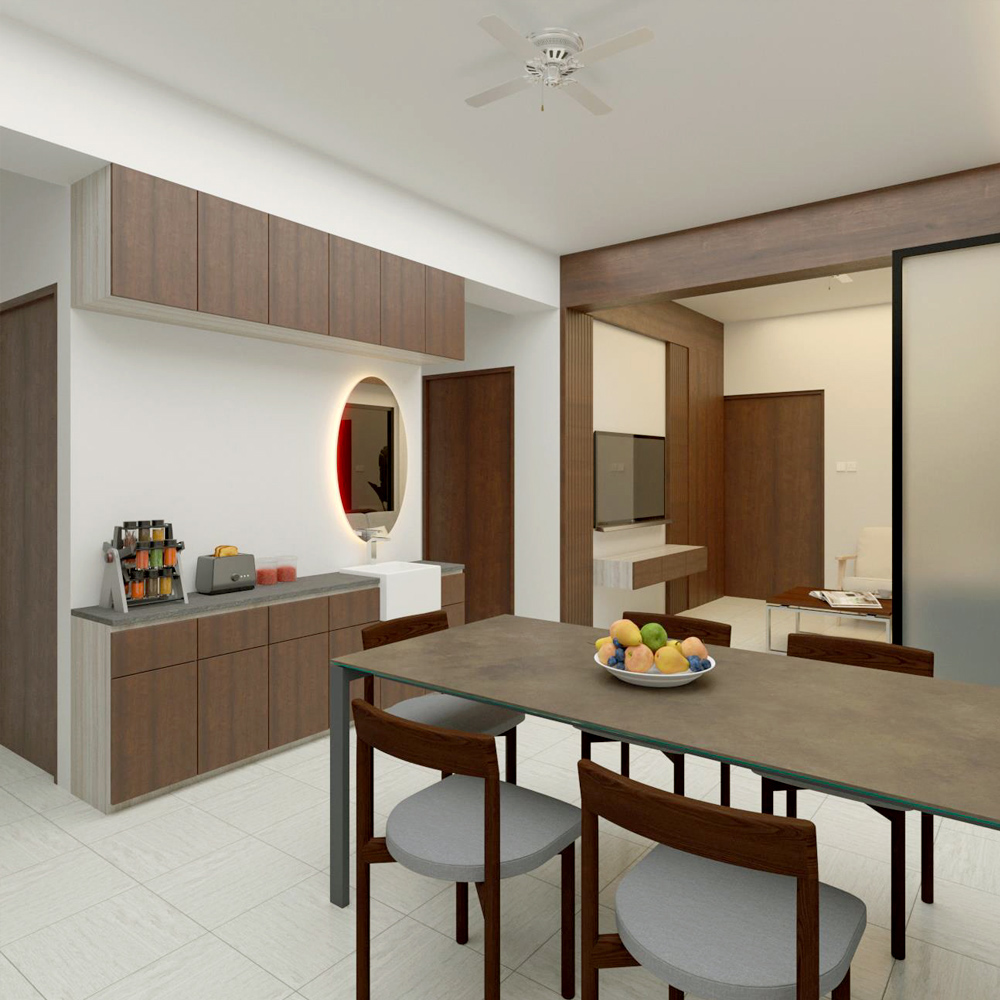 Dining area with built-in sideboard storage, round mirror accent, and compact layout in Agargaon Dhaka apartment