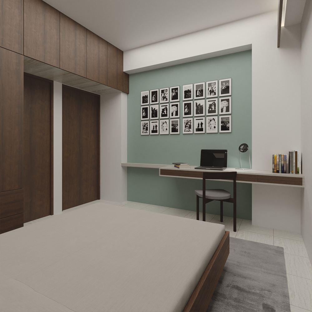 Master bedroom with wardrobe wall, study desk, and soft green accent wall in 950 sq ft Dhaka home interior