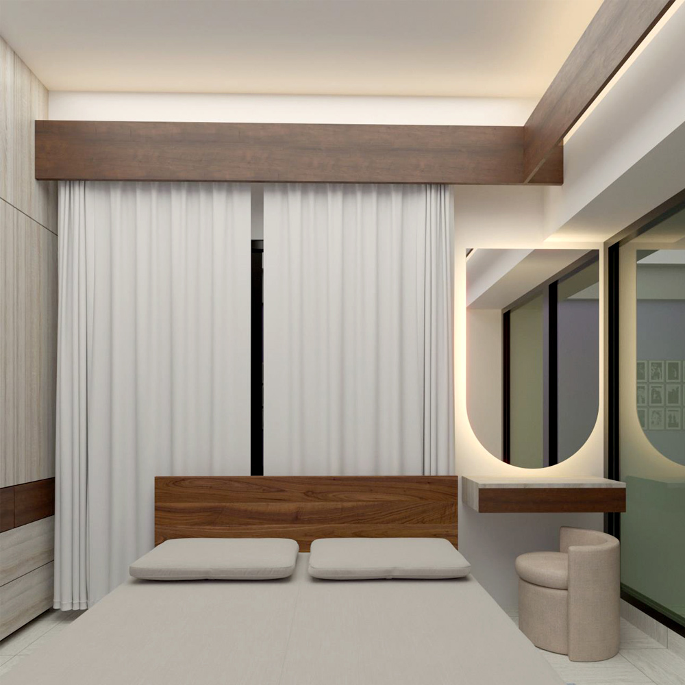 Master bed with wood headboard, cove lighting, full-height curtains, and backlit dressing mirror in Dhaka apartment