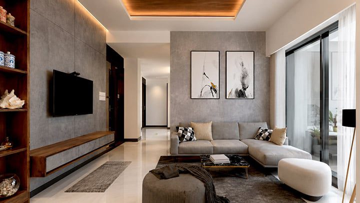 Living room interior design with TV media wall, wooden display shelves, sectional sofa and glass folding door - residence interior design in Rampura, Dhaka