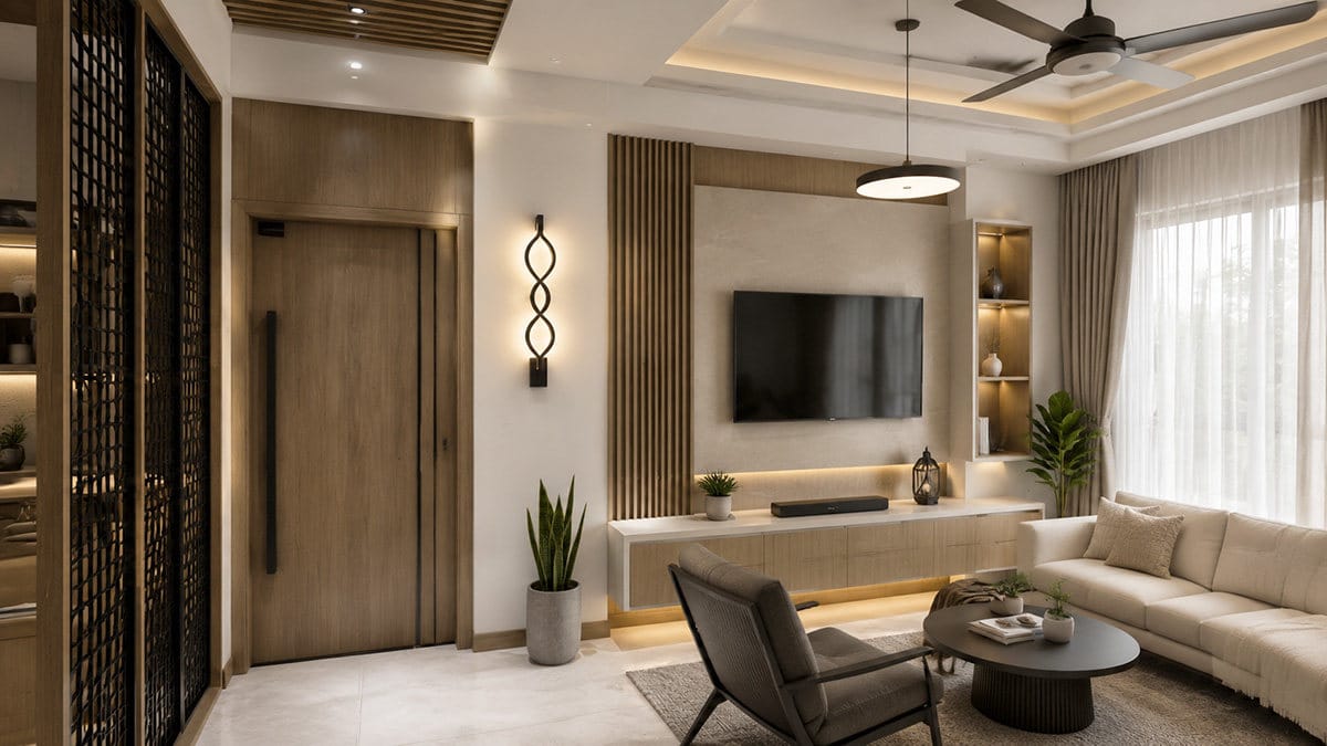 Living room of a Mohammadpur residence interior in Dhaka seen from the entry, with a metal jali partition, wooden main door and floating TV console