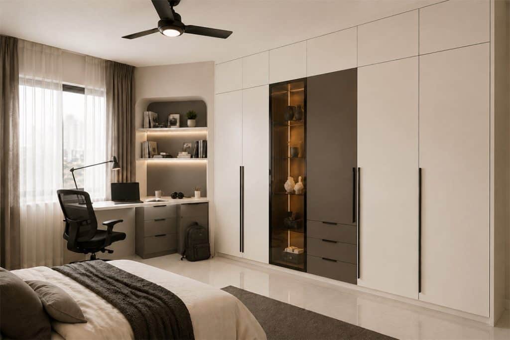 Bedroom interior design in a Mohammadpur apartment, Dhaka, with a floor to ceiling wardrobe, built-in study desk and a lit display niche