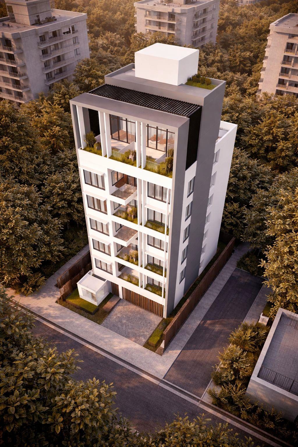 Aerial view of a residential building design with rooftop garden in Dhaka, prepared for RAJUK plan approval