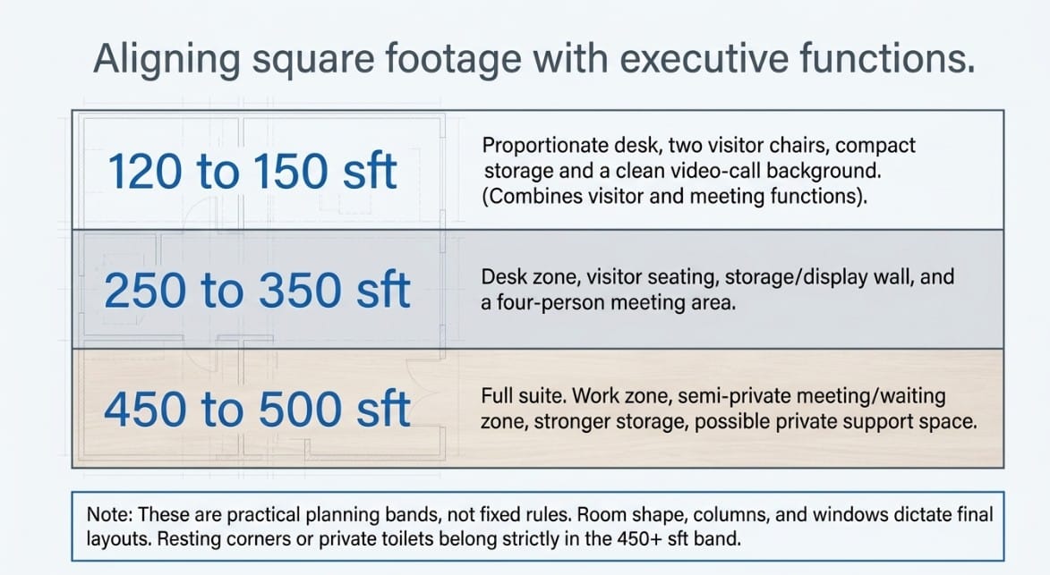 Chart of CEO and MD office room size bands in Dhaka: 120 to 150, 250 to 350 and 450 to 500 sft with what fits in each