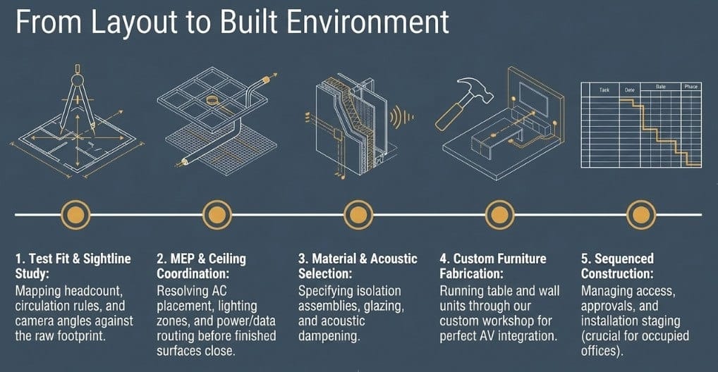 Five step conference room design process in Dhaka: test fit and sightline study, MEP and ceiling coordination, material and acoustic selection, custom furniture fabrication, and sequenced construction