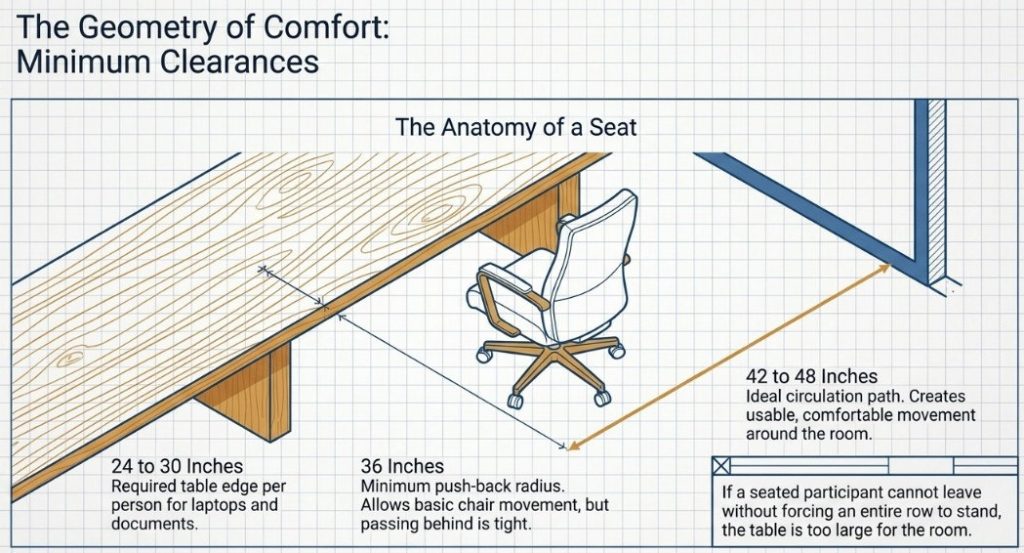 Conference room clearance diagram showing 24 to 30 inches of table edge per person, a 36 inch minimum chair push-back radius and a 42 to 48 inch circulation path to the wall