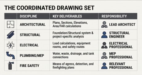 The coordinated RAJUK drawing set: architectural, structural, electrical, plumbing and fire safety deliverables with the responsible professional for each discipline