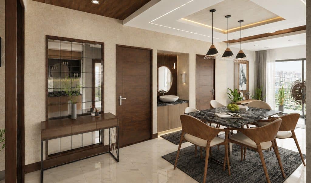 Dining and foyer area of a 1,600 sft residence interior in Mohammadpur, Dhaka, with a console mirror, wash basin niche and marble dining table
