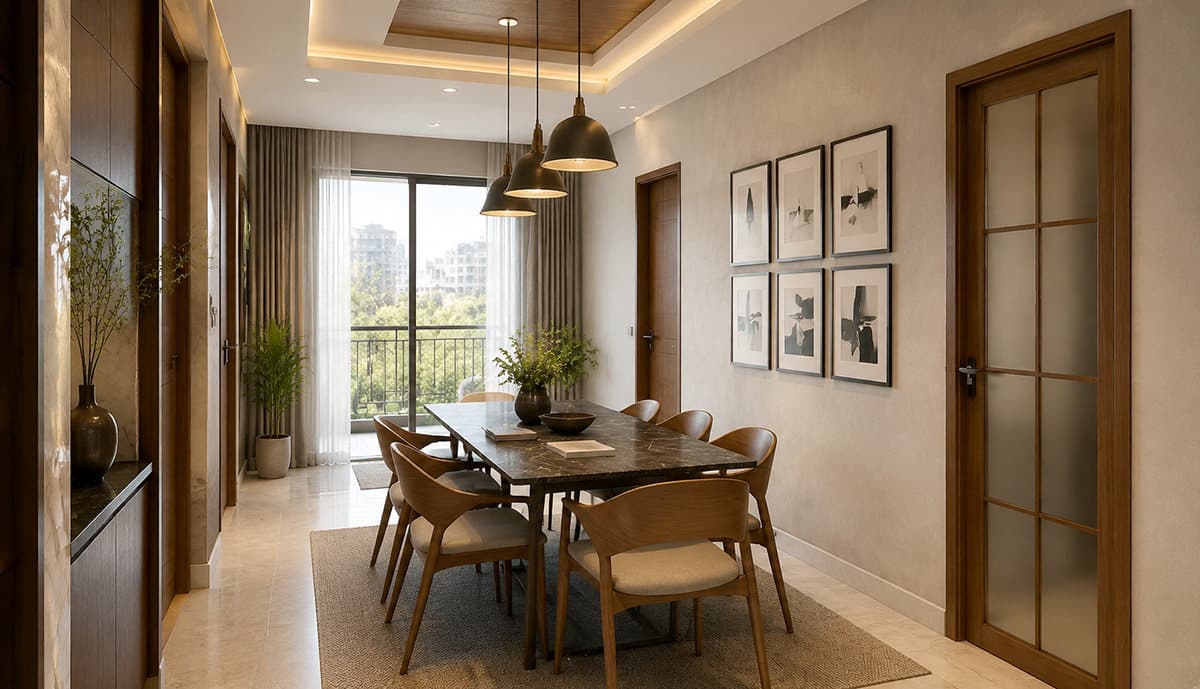 Dining room interior design in Mohammadpur, Dhaka, with a marble top eight seat table, three pendant lights and a framed gallery wall