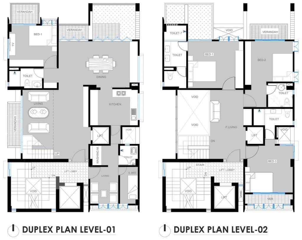 Duplex floor plan drawings, level 1 and level 2, for a residential building design in Dhaka by Studio Archifiction