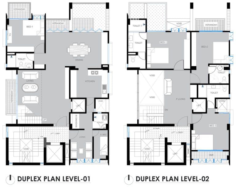 Duplex floor plan drawings, level 1 and level 2, for a residential building design in Dhaka by Studio Archifiction