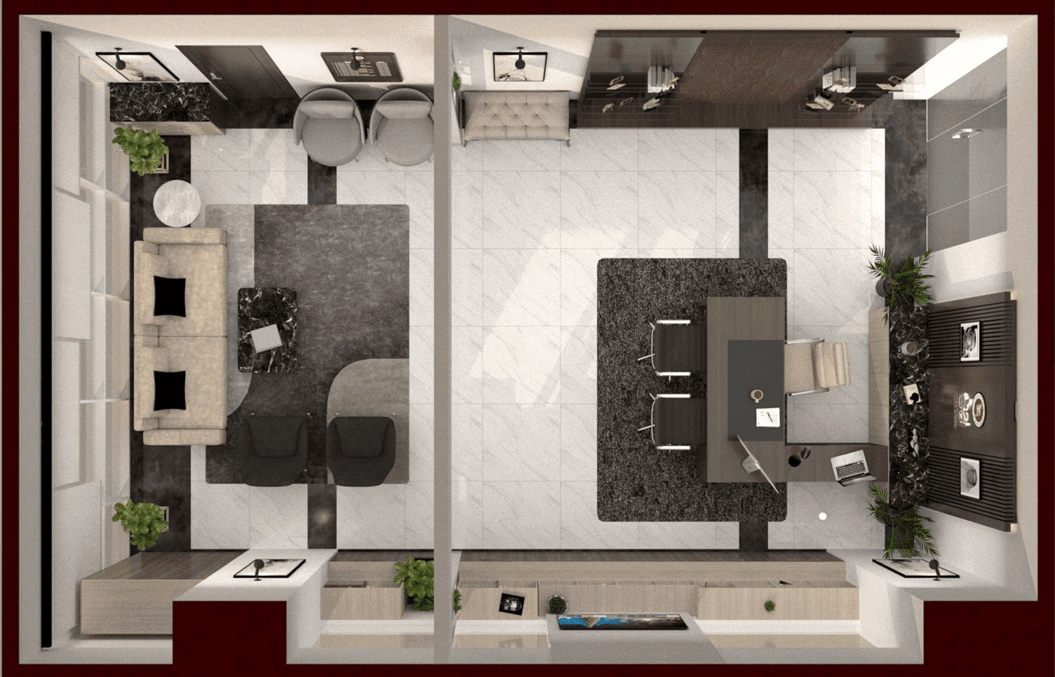 500 sft executive office layout plan showing desk zone, meeting table and display rack, ICT Tower Dhaka