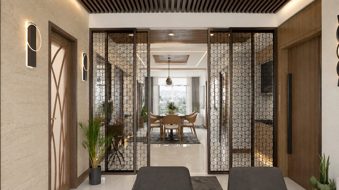 Entry foyer of a residence interior design project in Mohammadpur, Dhaka, with geometric metal jali screens separating the foyer from the dining area