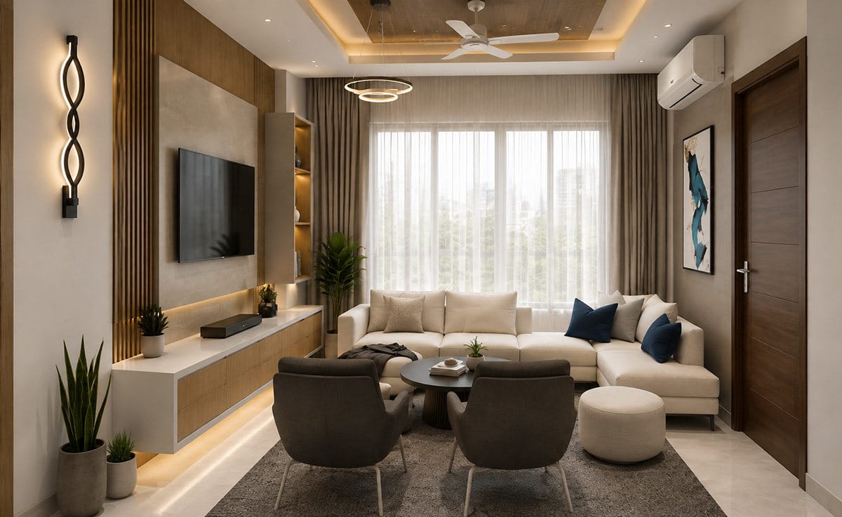 Living room interior design in a 1,600 sft Mohammadpur apartment, Dhaka, with a wood slat and stone TV wall, sectional sofa and cove-lit false ceiling
