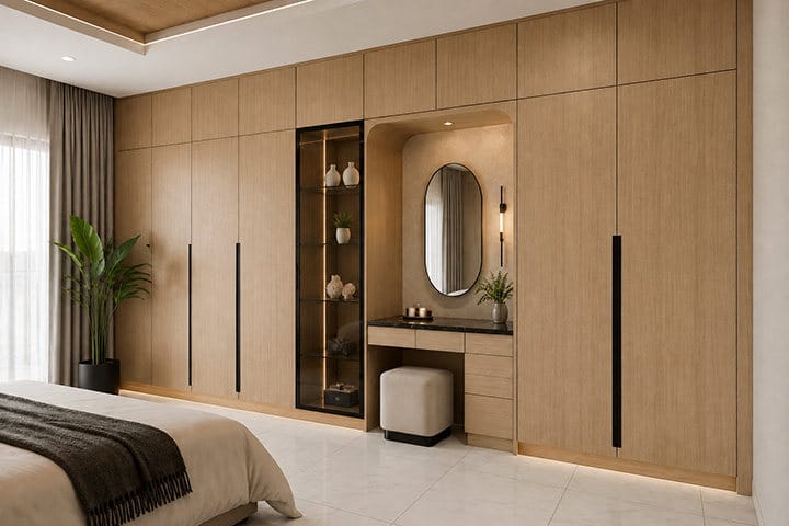 Master bedroom wardrobe design in Mohammadpur, Dhaka, in oak veneer with a lit glass display column and a built-in dressing table