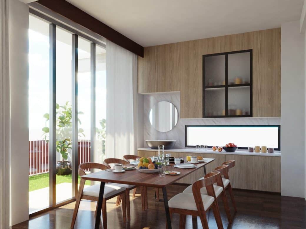 Dining area with garden view and wooden floor finishes, duplex residence interior, Bashundhara, Dhaka